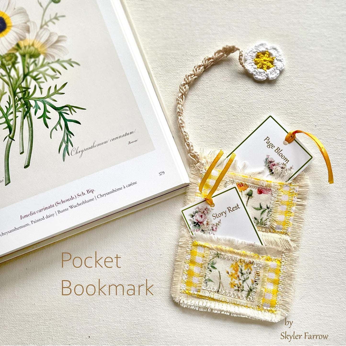 Artisan Pocket Bookmark, Handmade Cotton Fabric Art with crochet cord & Flower