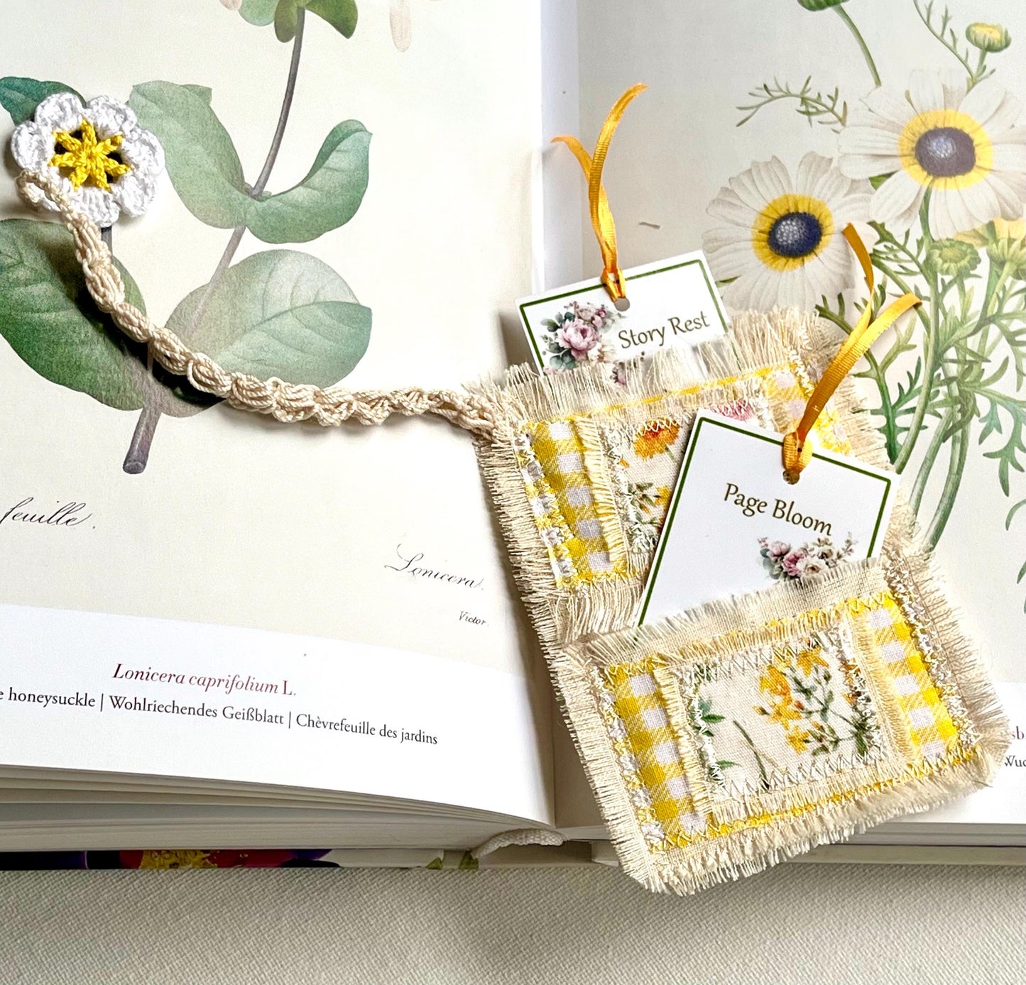 Artisan Pocket Bookmark, Handmade Cotton Fabric Art with crochet cord & Flower