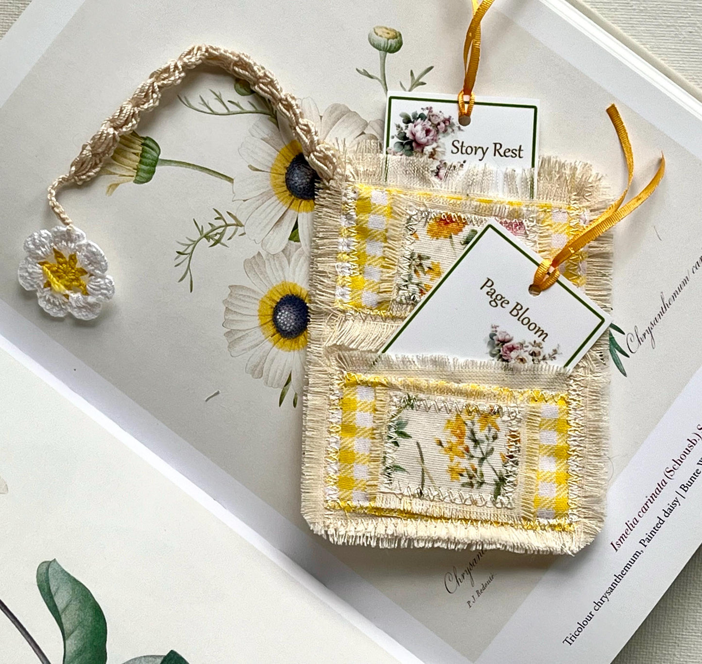 Artisan Pocket Bookmark, Handmade Cotton Fabric Art with crochet cord & Flower