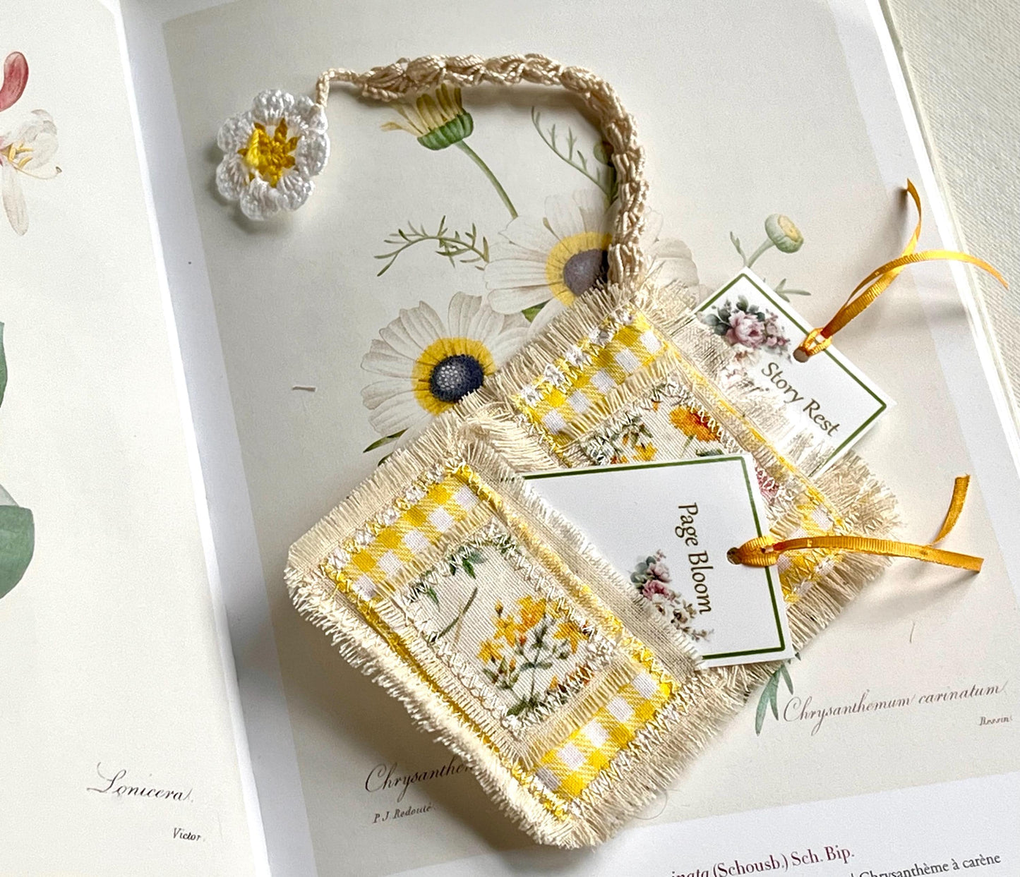 Artisan Pocket Bookmark, Handmade Cotton Fabric Art with crochet cord & Flower